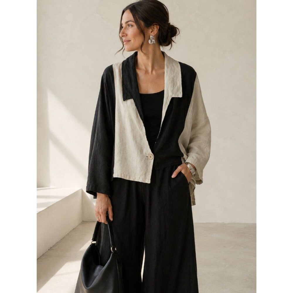 Luukaa Linen Jacket US 12 Black Cream Colorblock Lagenlook Art to Wear